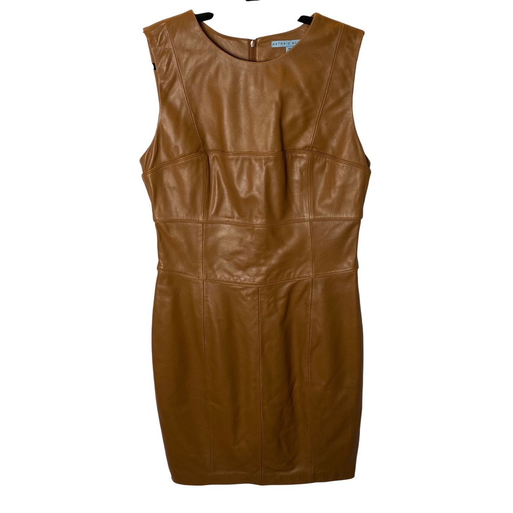 Antonio Melani Genuine Leather Sheath Dress Women 10 Brown Midi Moto Edgy Chic